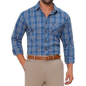 Long Sleeve Checked Dress Shirt Point Collar Button Plaid Shirt Dark Blue